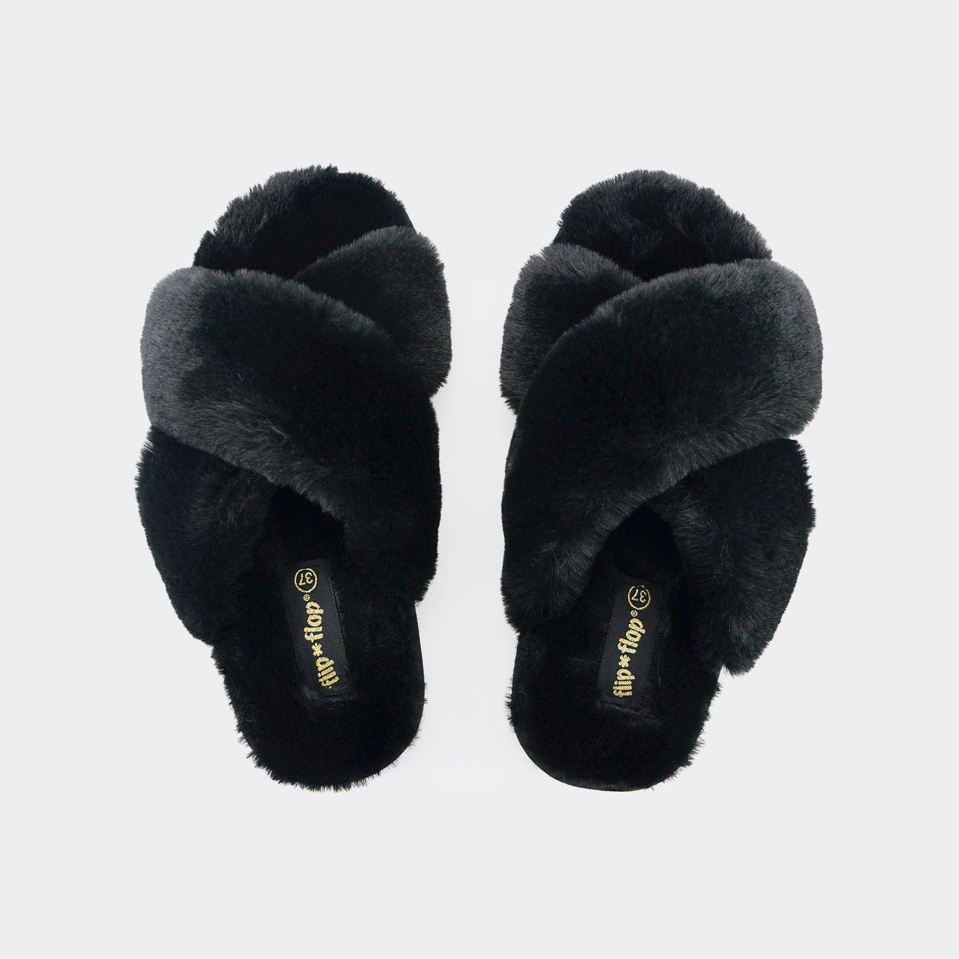 Black fuzzy flip flop slippers on sale